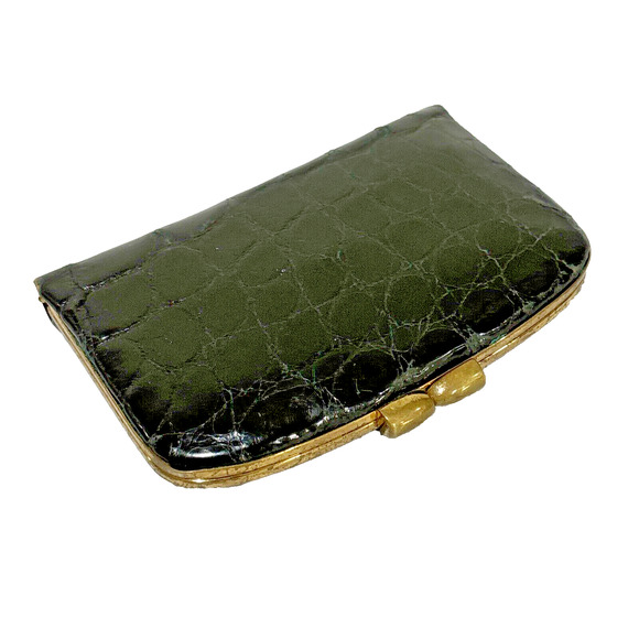 Vintage Coin Purse Black Moc Croc Leather Brass Hardware Snap Closure Wallet - Picture 1 of 9